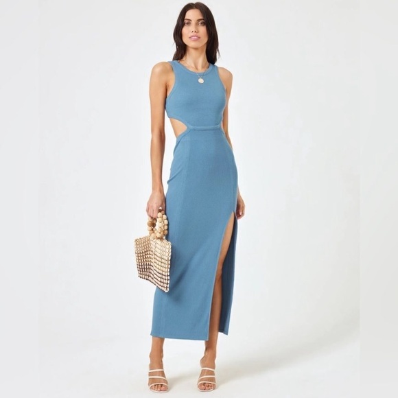 L*SPACE MICRO RIBBED CUTOUT MIDI DRESS SLATE BLUE SLIT BOHO - Picture 1 of 5
